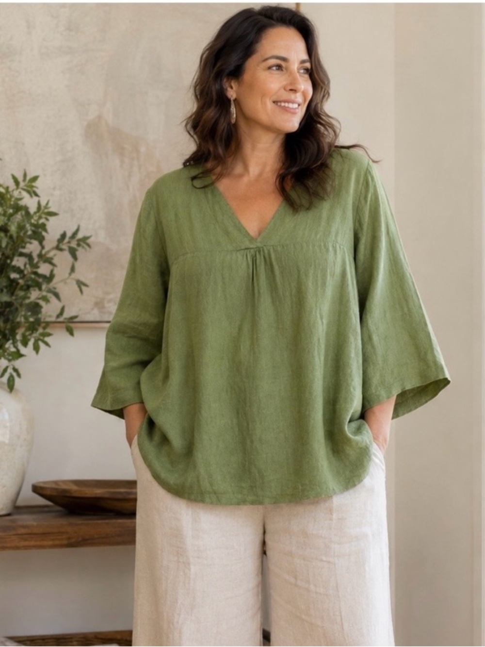 Hot Cotton V-Neck 100% Linen Tunic Style Top 3/4  Sleeve Green Size 1X